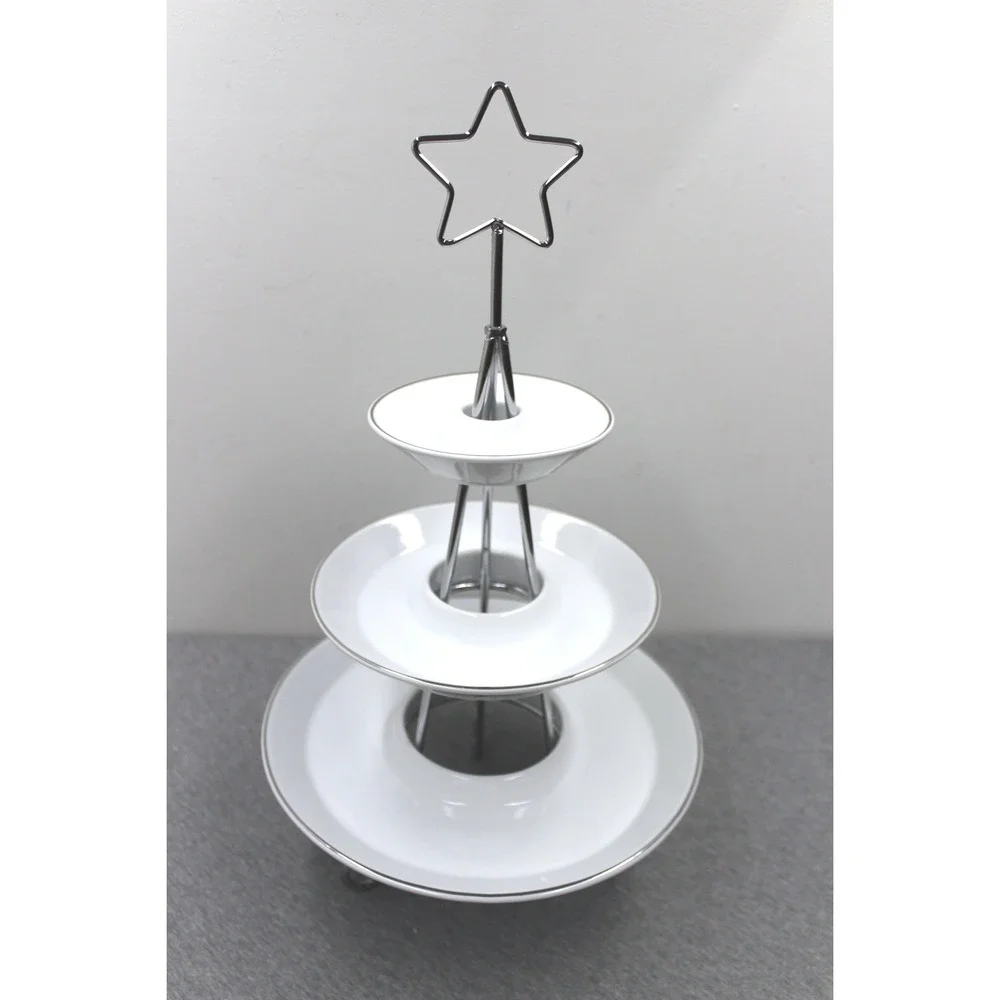 Towle Server White Christmas Tree Three Tiered Ceramic Silver Trim Star Vintage
